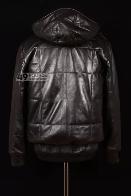Men's Puffer Hooded Lambskin Leather Jacket Black Real Napa Jacket 4502-B 3