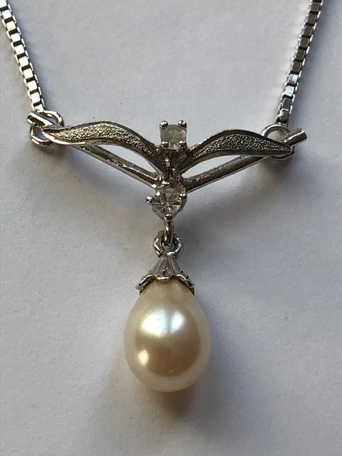 Collier En Argent Massif Avec Perle Et Strass - Vintage, Très Bon état, Occasion
