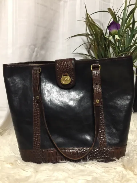 BRAHMIN Tuscan Croc Black Brown Leather Shoulder Bag Tote Handbag Purse