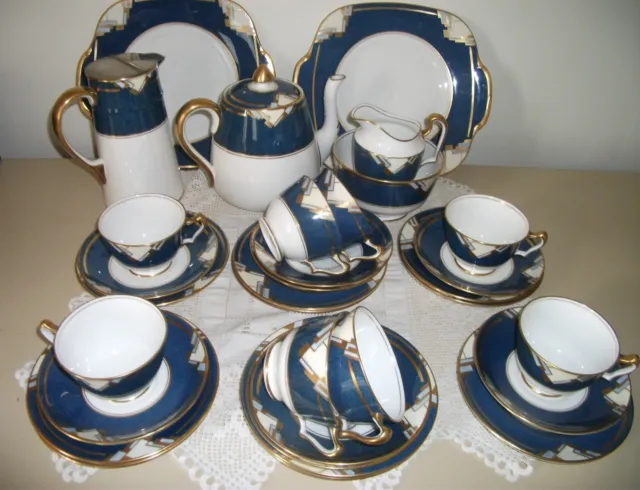 IMPRESSIVE CROWN STAFFORDSHIRE ART DECO TEA SET incl TPOT & HW JUG  32 PIECES