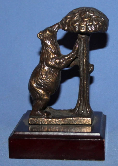 Hand Made Bronze Bear Statuette With Wooden Base