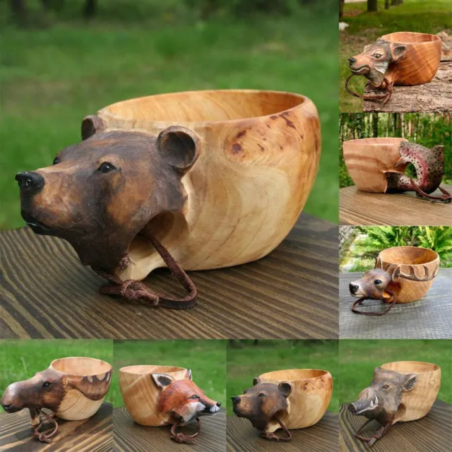 Hand Carved Rubber Wooden Mug Animals Head Image Cup Wooden Mug Animal Shape Cup