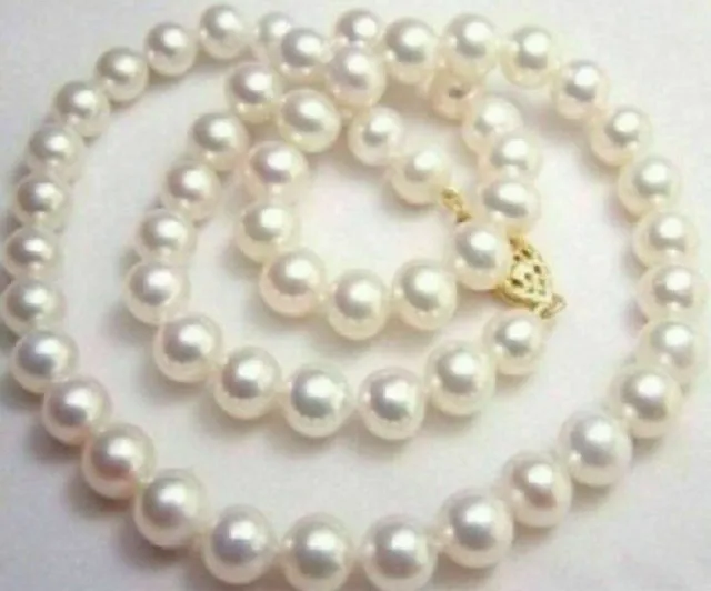 18 inch AAAA Japanese Akoya 9-10mm white pearl Necklace 14K Yellow Gold clasp