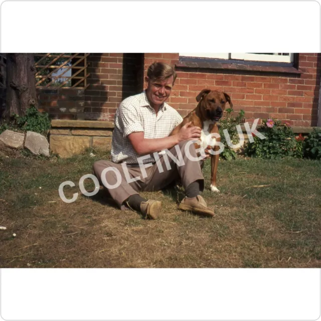 35mm Slide Man Posing With Dog In Garden 70s Fashion Agfa