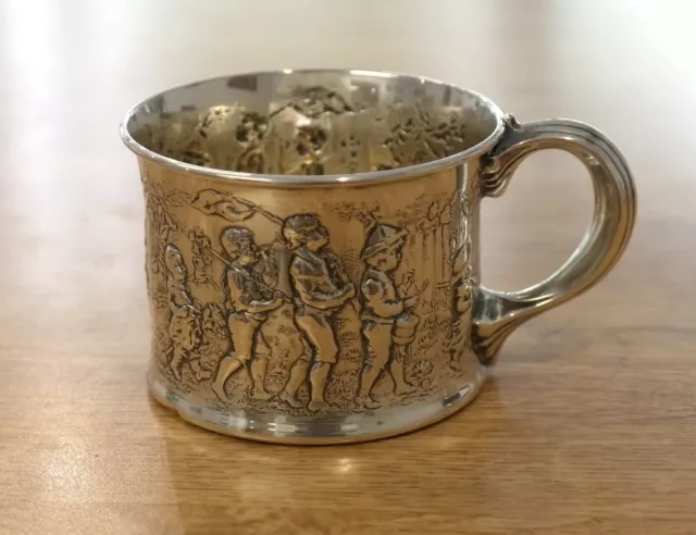 Antique Gorham Baby Cup, Children in Drummer Parade, High Relief, Sterling A4708