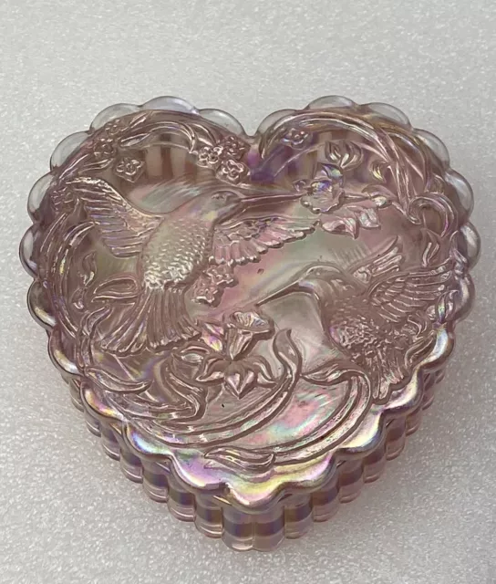 Fenton Pink Iridescent Heart Shaped Hummingbirds Trinket Box