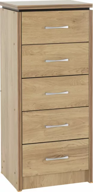 Charles 5 Drawer Narrow Chest of Drawers Oak Effect Finish with Walnut Trim