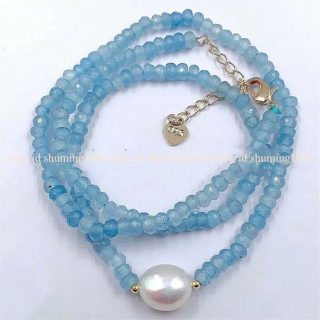 2x4mm Facettiert Blau Aquamarin 11-12mm Weiß Barock Perle Halskette 14-30''