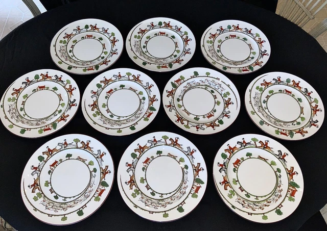 Crown Staffordshire Hunting Scene Dinner Plates (10) Hand Painted Bone China