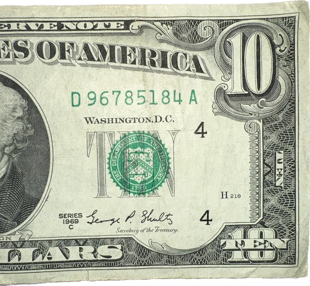 Ten Dollar 1969 C Federal Reserve Note 6 Consecutive Digit Serial Number96785184