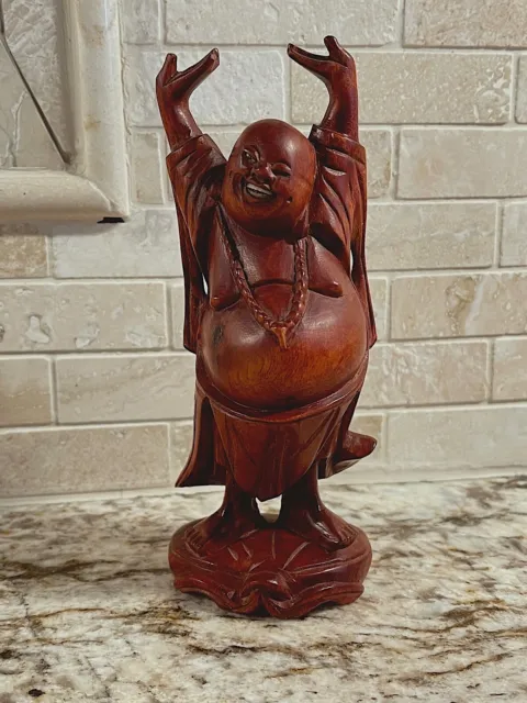 Hand Carved Chinese Rosewood Laughing Buddha Figure Statue Feng Shui