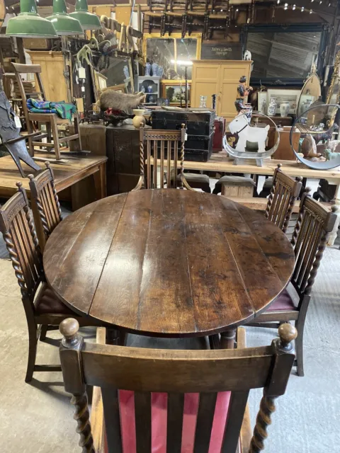 Large Antique Oak Oval Drop Leaf Tavern Dining Table and Six Barley Twist Chairs