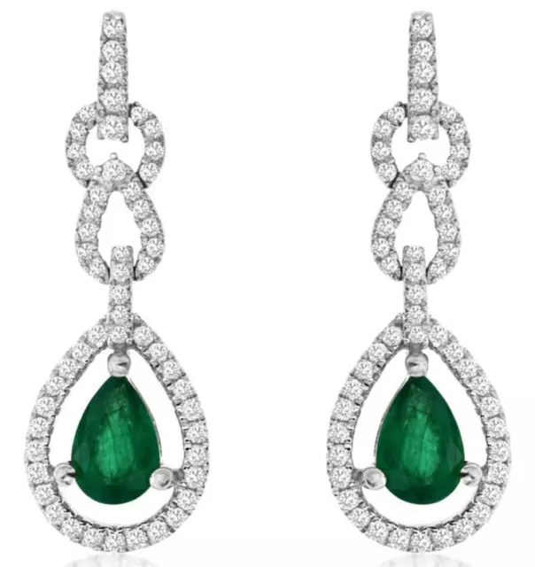 1.16Ct Diamond & Aaa Emerald 14Kt White Gold Pear Shape & Round Hanging Earrings