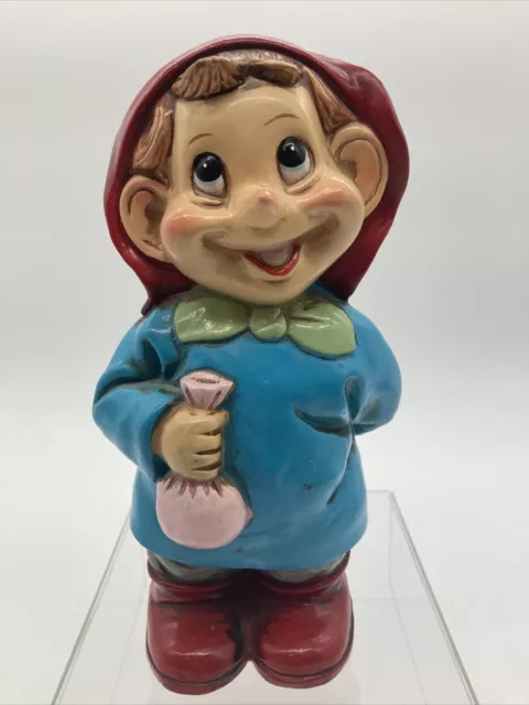 Vintage Gnome Coin Bank 8.5" Happy Elf Gnome Lucky Holding Money Bag