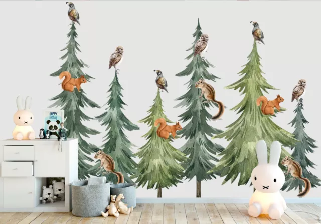 Forest Pine Tree Woodland Animals Squirrel Eagle Wall Fabric Decal Set Sticker