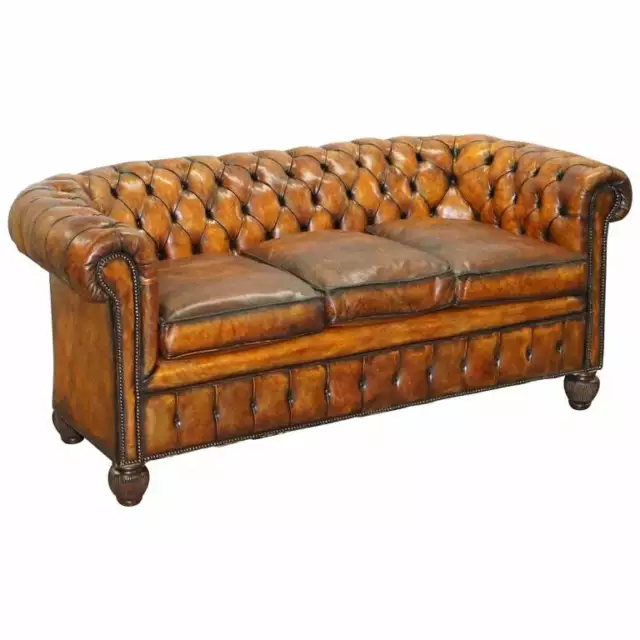 1900'S Hand Dyed Whisky Brown Leather  Feather Cushions Chesterfield Club Sofa