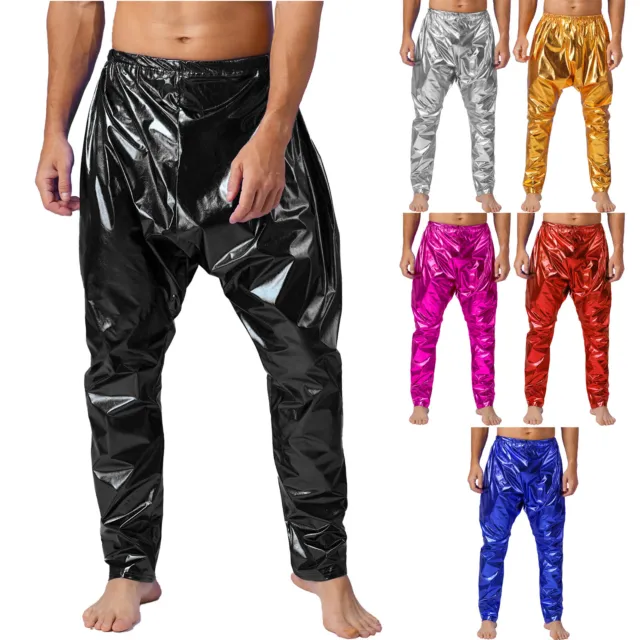 Men Shiny Metallic Harem Pants Loose Elastic Hippie Drop Crotch Pants Trousers