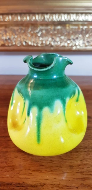 Japanese Awaji Art Pottery Yellow & Green Pinched Bud Vase Meiji Period C1900