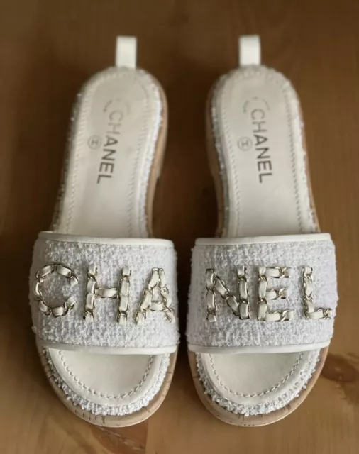 AUTHENTIC CHANEL 21C White Tweed Chain Logo Mules Sandals Slides