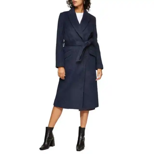 TOPSHOP NWT Manhattan Long Belted Trench Coat Wool Blend Lined Navy Blue Size 6P