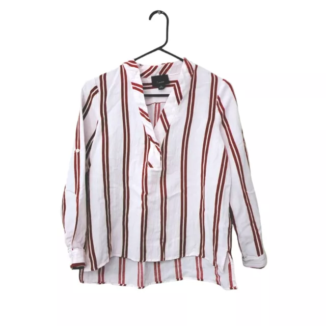 Lumiere Womens Small White & Red Vertical Stripe Long Sleeve V Neck Blouse Top