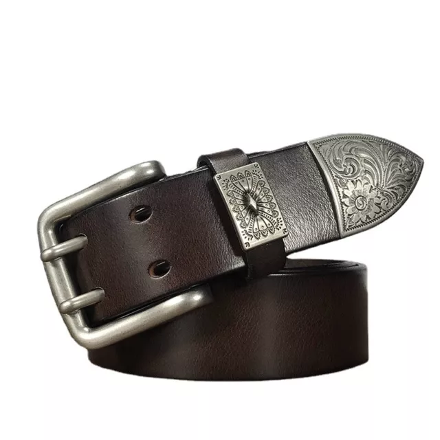 Hommes 38MM Résistant Véritable Double Cuir Volet Ceinture Alliage Boucle