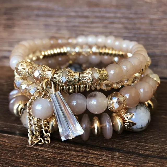 4Pcs Boho Multilayer Natural Stone Crystal Beaded Bracelets Fashion Women Set