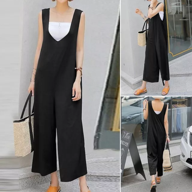 Women V Neck Sleeveless Dungaree Jumpsuit Wide Legs Romper Playsuit Overalls NEW