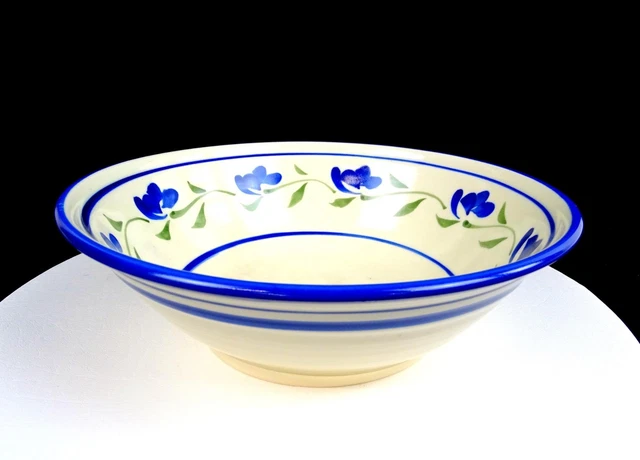 Studio Art Pottery Artist Signed Wheel-Thrown Blue Floral 10" Vegetable Bowl