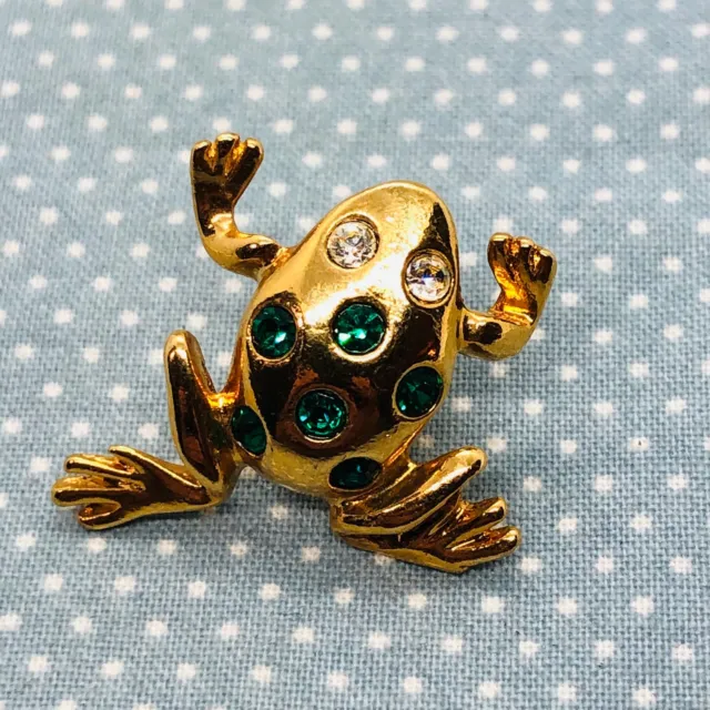 Vtg Avon Signed Gold Tone Frog Lapel Tac Pin w/ Green Rhinestones