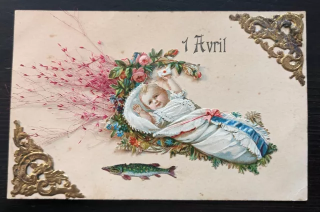 Beautiful Baby Die Cut Embellished April Fools Novelty Vintage French Postcard