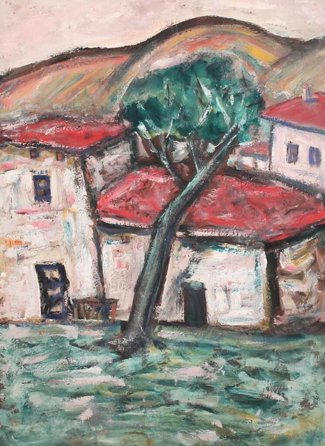 Peinture à l'huile vintage paysage rural signée
