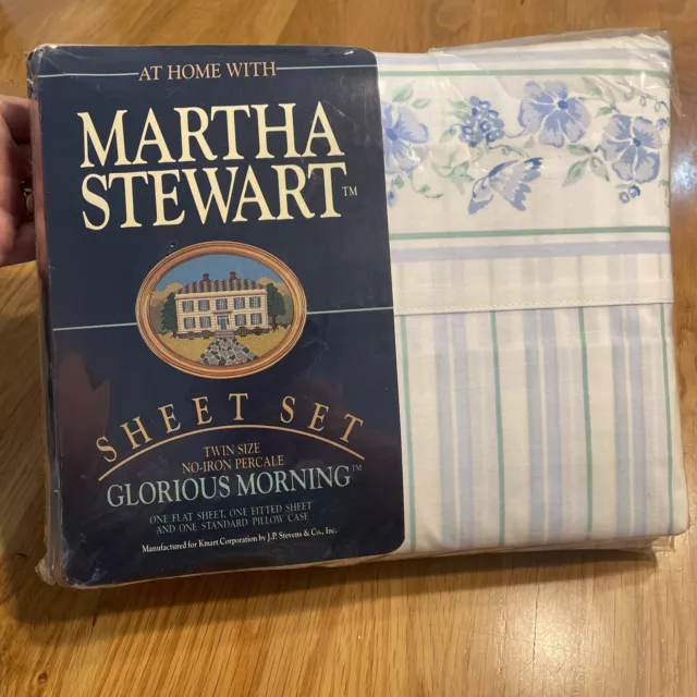 Vintage Martha Stewart Twin Sheet Set 3pc Percale Blue Morning Glory NIP