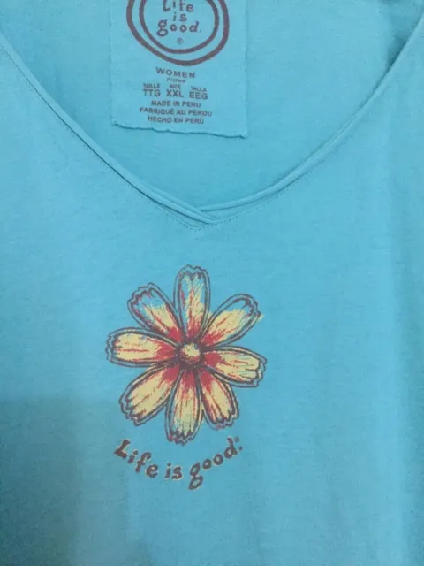 LIFE IS GOOD Women's "Flower" Green Cotton T-Shirts  Sz XXL Short Sleeve