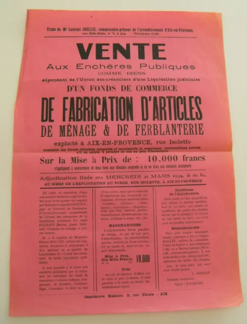 Affiche vente enchère commerce articles ménage ferblanterie 1934 vintage rétro