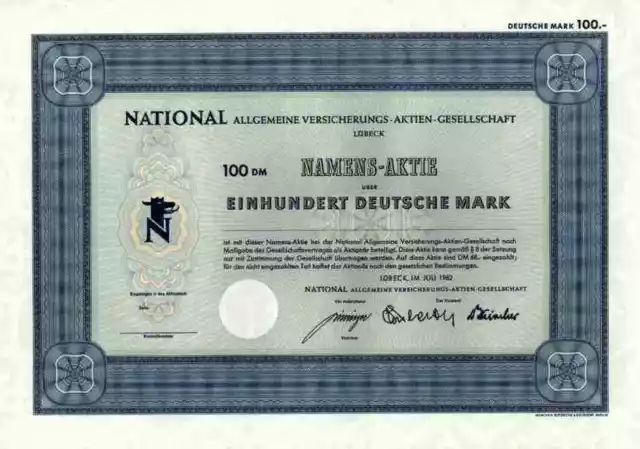 NATIONAL Versicherung 1962 Lübeck Stettin AXA Colonia Köln 100 DM Blankette RAR