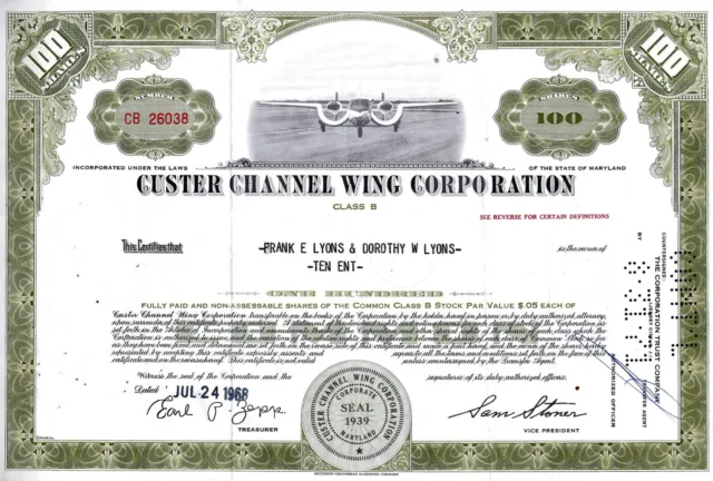 Custer Channel Wing Corporation, Maryland, 1968, Class B  (100 Shares)