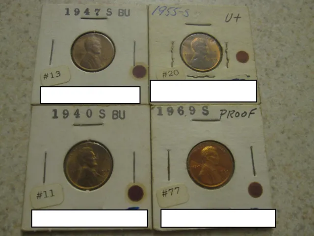 Lot Of 4 Lincoln Head Pennies BU and Proof 1940 S-1969 S