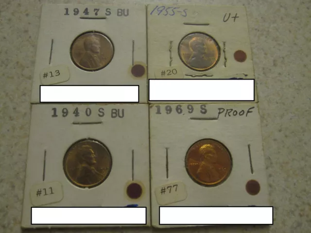 Lot Of 4 Lincoln Head Pennies BU and Proof 1940 S-1969 S