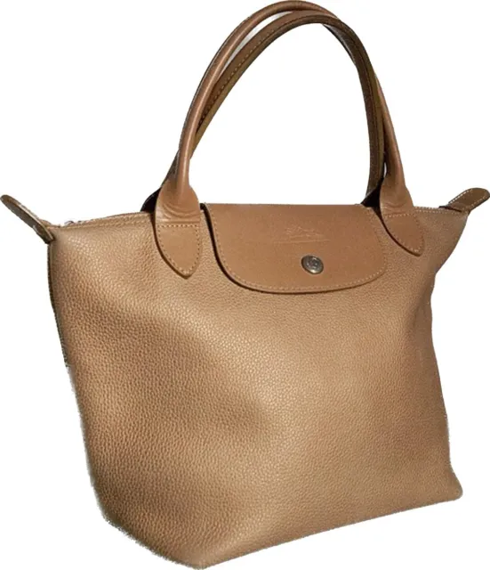 Longchamp le pliage tan cuir leather top handle tote bag w dust storage bag EUC