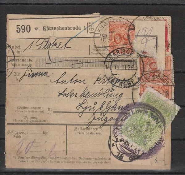 Dt. Reich Paketkarte Kötzschenbroda nach Ljubljana / Jugoslawien, 1926 #1098709