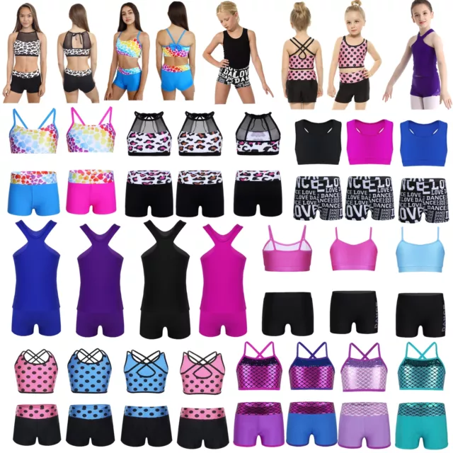 Girls 2-Piece Set Dance Outfit Jazz Gym Sport Crop Top+Shorts Dancewear Swimsuit