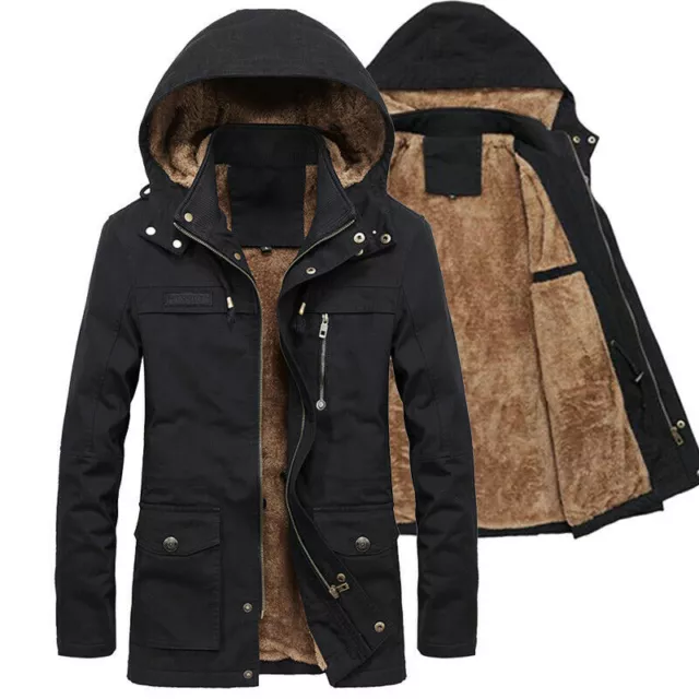 Winter Jacket Men's Thicken Warm Fur Lined Hooded Parka Coat Fleece Long Outwear