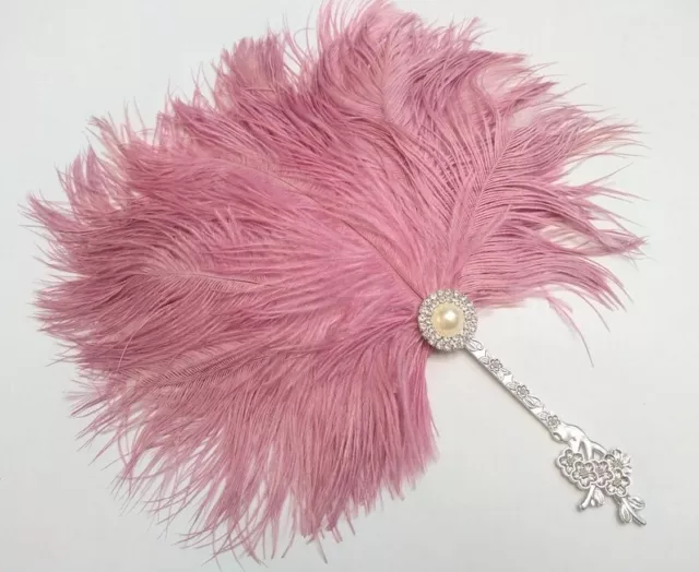 Mauve Pink 20s Wedding Handheld Feather Fan Vintage Gatsby Burlesque Flapper