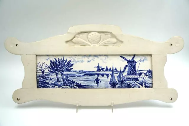 Antique Large Wood Framed Dutch Delft Solid Tile Plaque Cobalt Blue & White