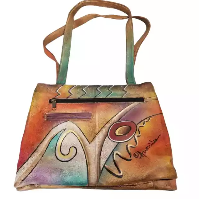 Anuschka Organizer Satchel Bag Leather Hand Painted Artwork Signed Abstract