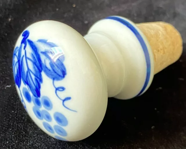 Blue and White Porcelain and Cork Bottle Stopper Grapes Grape Leaves
