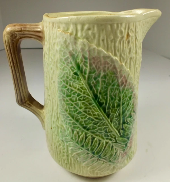 Lovely 19th Century Antique Majolica Milk Pitcher W/ Bark Ferns & Leaves Pattern