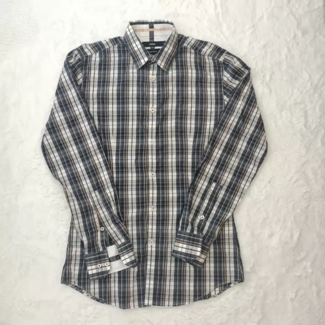 CALIBRE Button-Up Shirt Mens Small Plaid Long Sleeves Curve Hem Italy Fabric