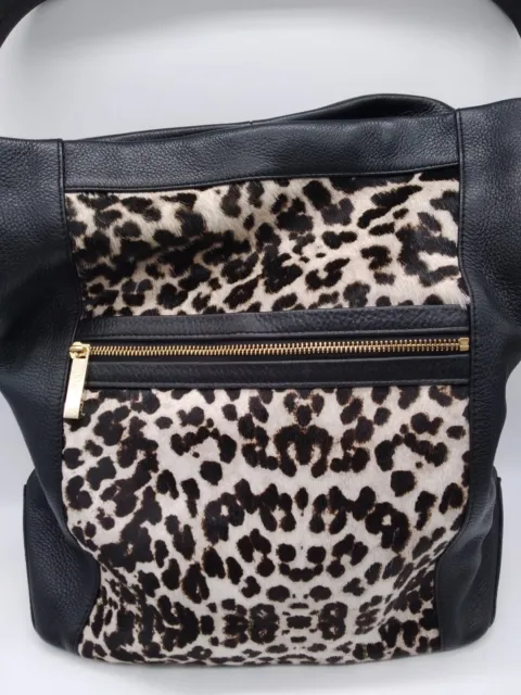 Autograph Black Leather Leopard Animal Print Large Tote Shoulder Bag Handbag VGC